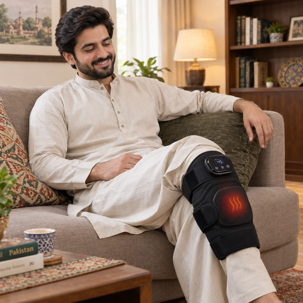 Pakistani man with knee massager