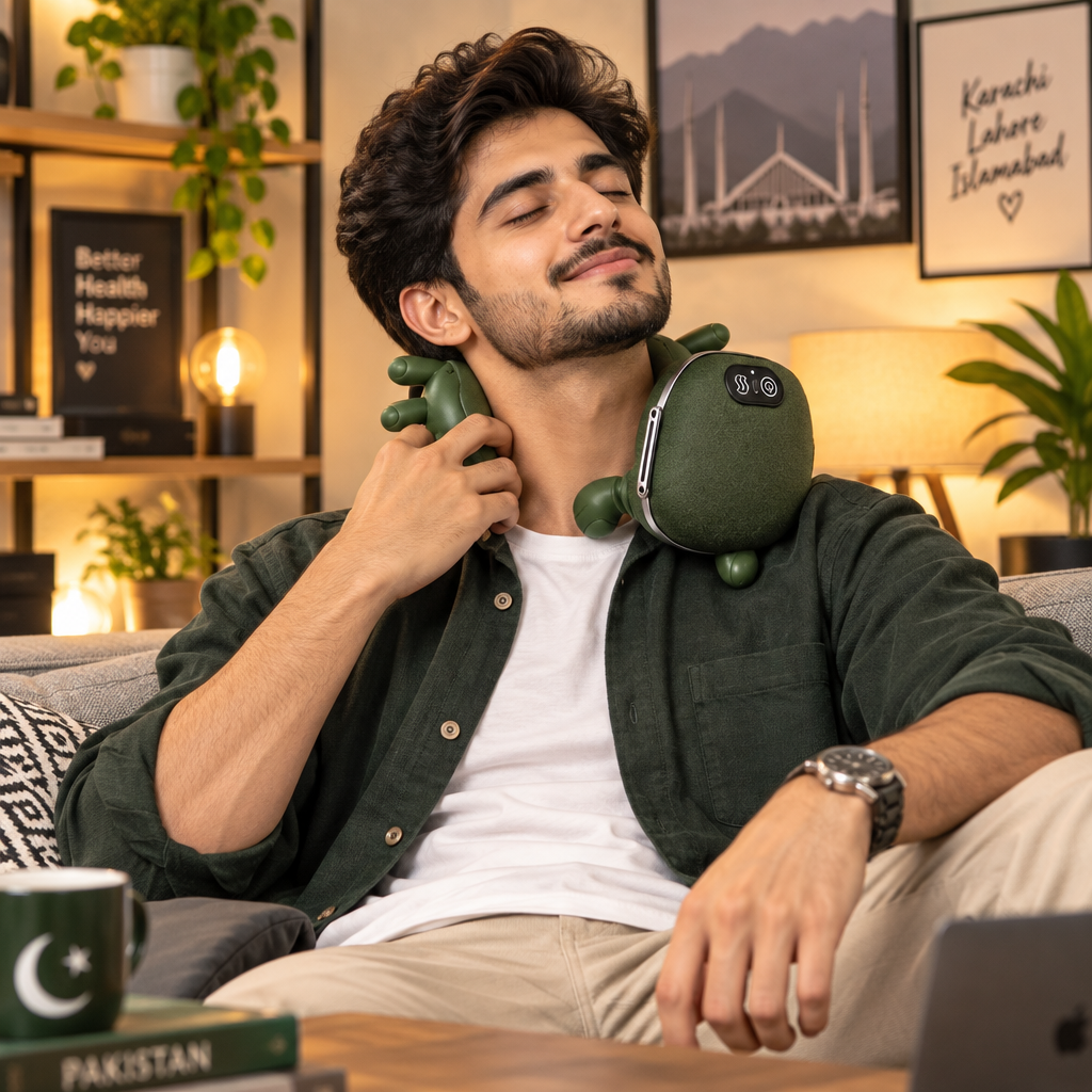 Pakistani man with turtle neck massager