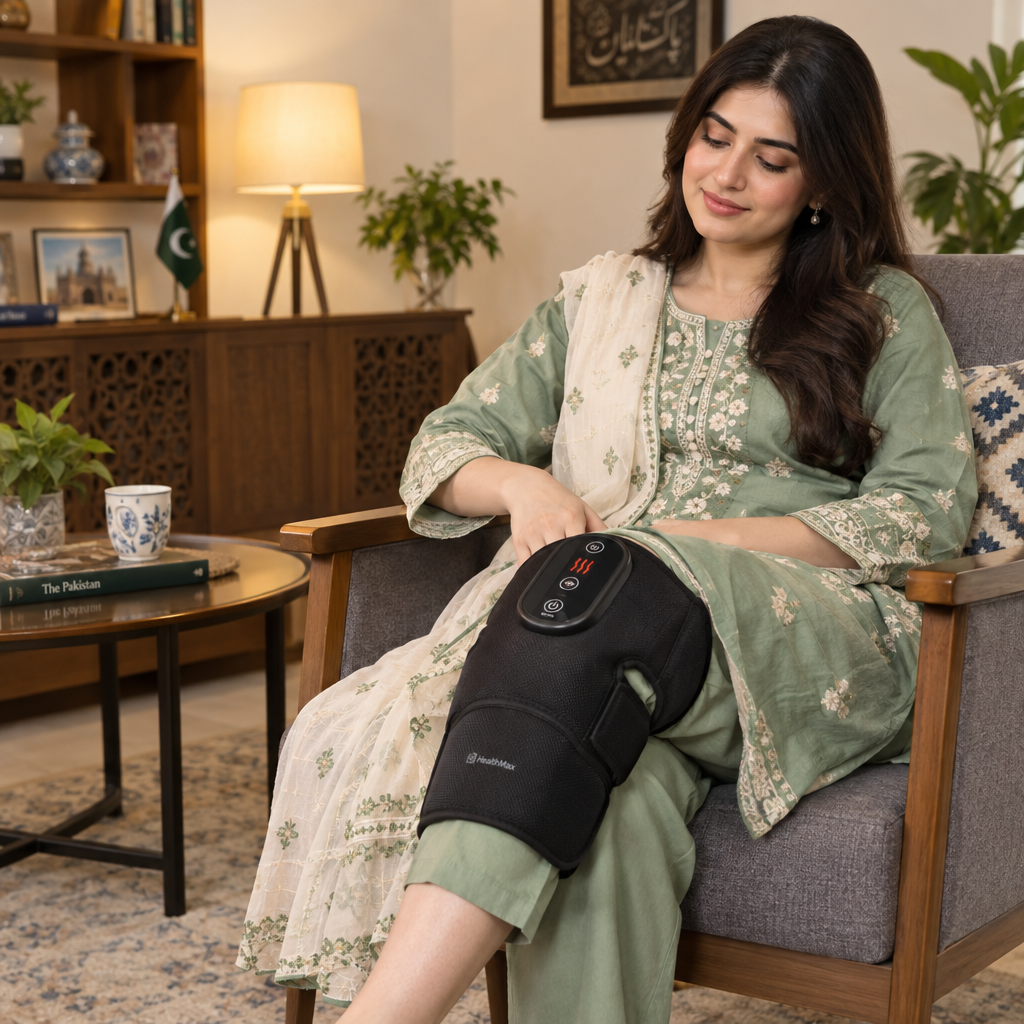 Pakistani woman with knee massager