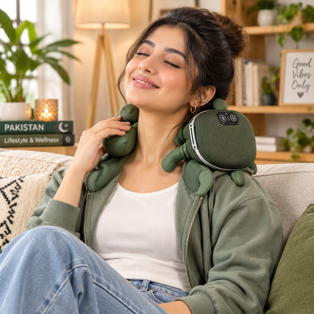 Pakistani woman with turtle neck massager